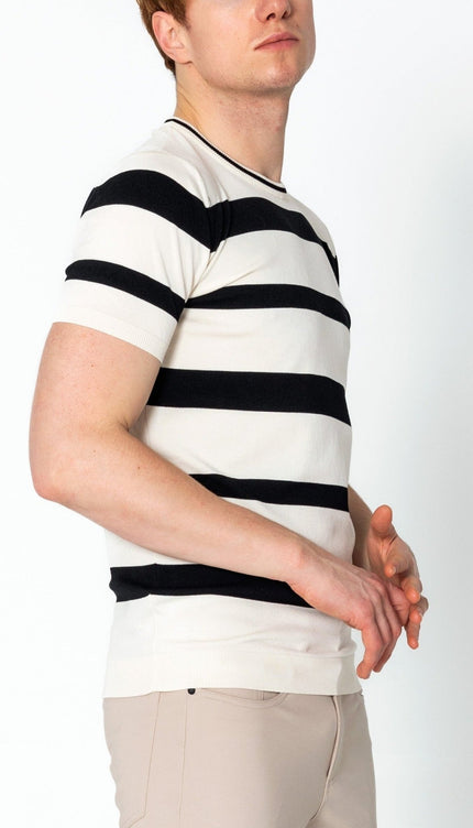 Crew-neck Knitted Striped Shirt - Off White - Ron Tomson