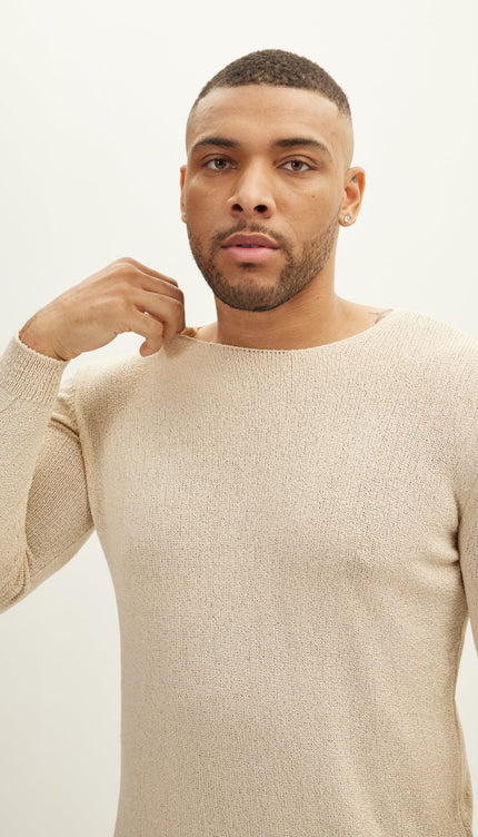 Crew Neck Knitted Sweater - Beige - Ron Tomson