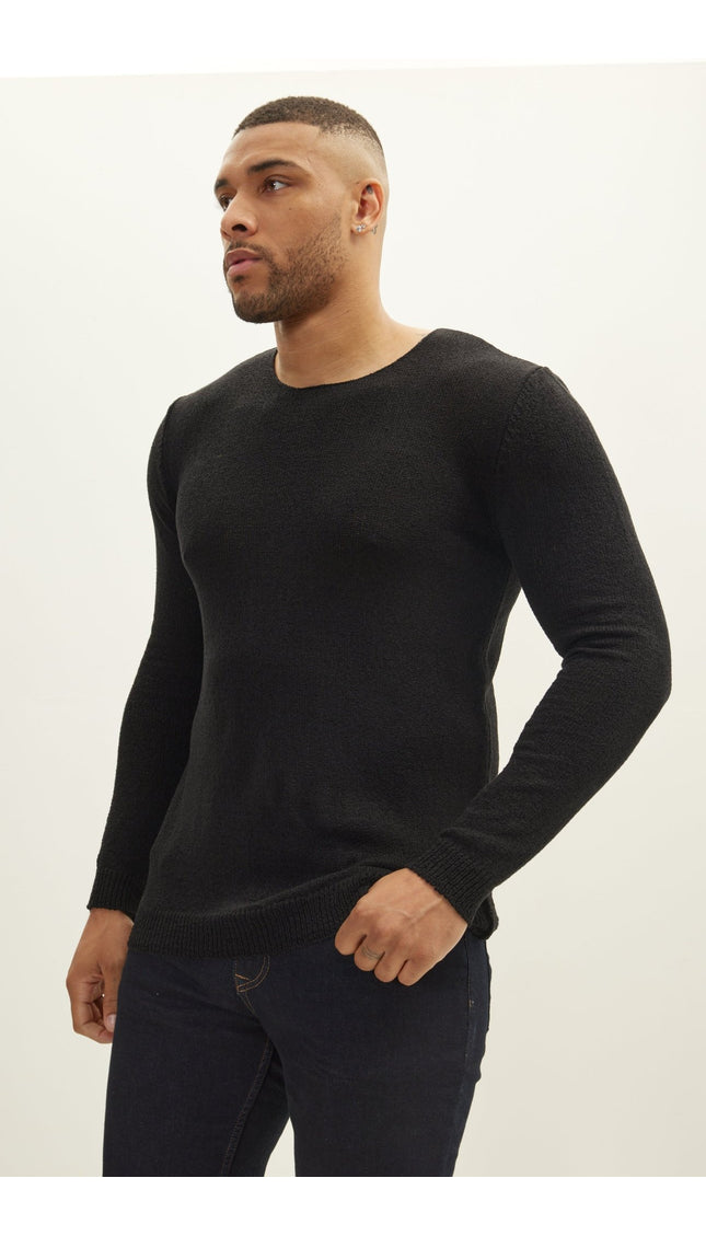Crew Neck Knitted Sweater - Black - Ron Tomson