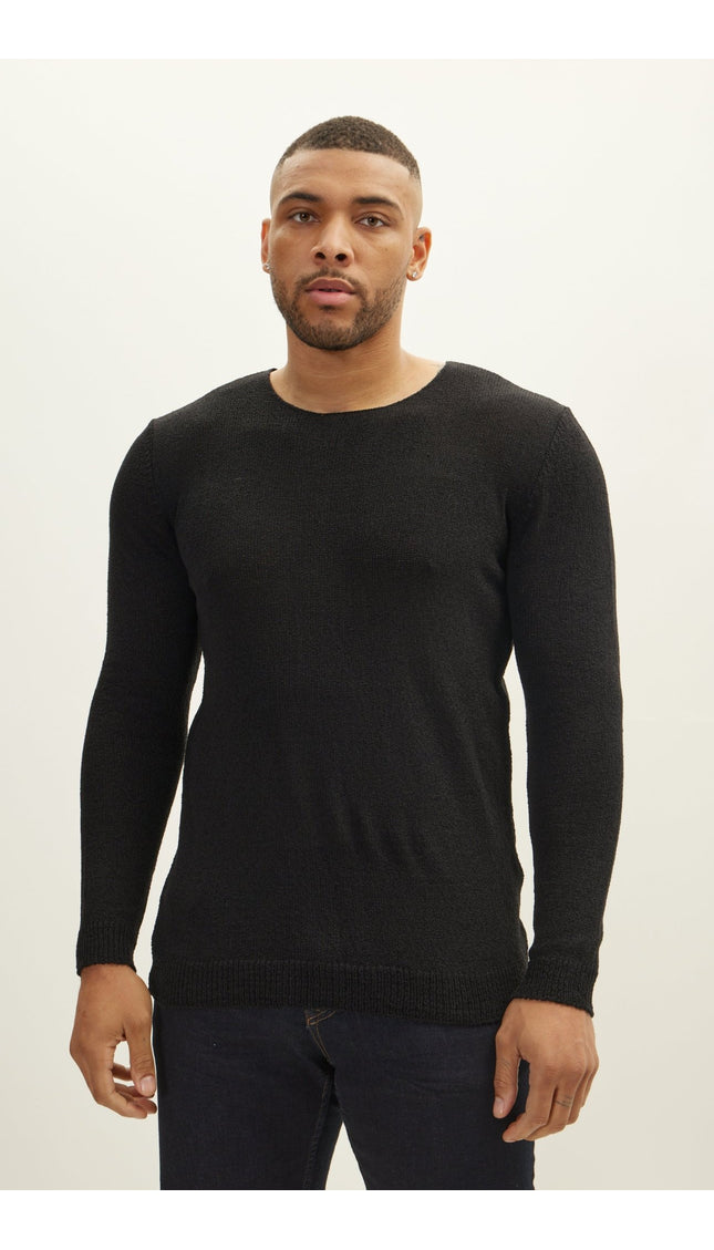 Crew Neck Knitted Sweater - Black - Ron Tomson