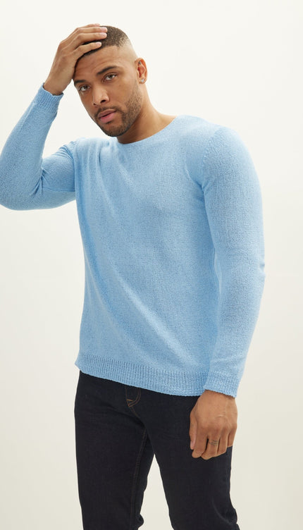 Crew Neck Knitted Sweater - Blue - Ron Tomson