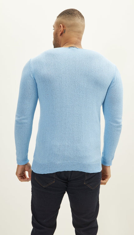 Crew Neck Knitted Sweater - Blue - Ron Tomson