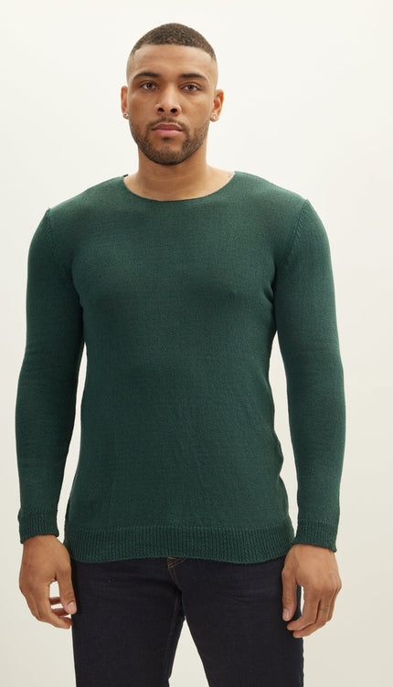 Crew Neck Knitted Sweater - Dark Green - Ron Tomson