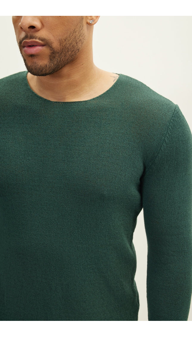 Crew Neck Knitted Sweater - Dark Green - Ron Tomson