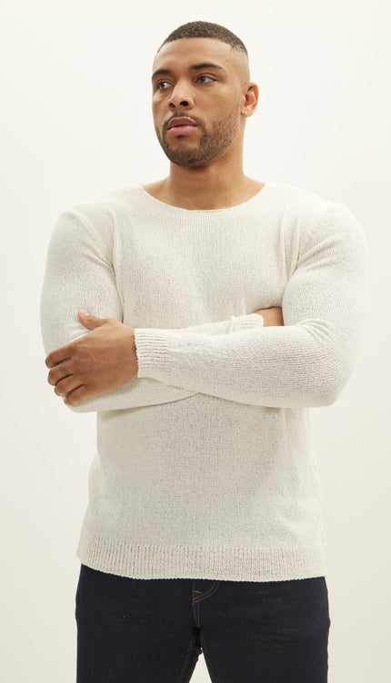 Crew Neck Knitted Sweater - Off White - Ron Tomson