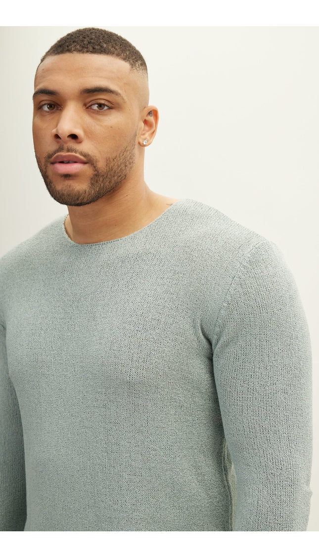 Crew Neck Knitted Sweater - Teal Green - Ron Tomson