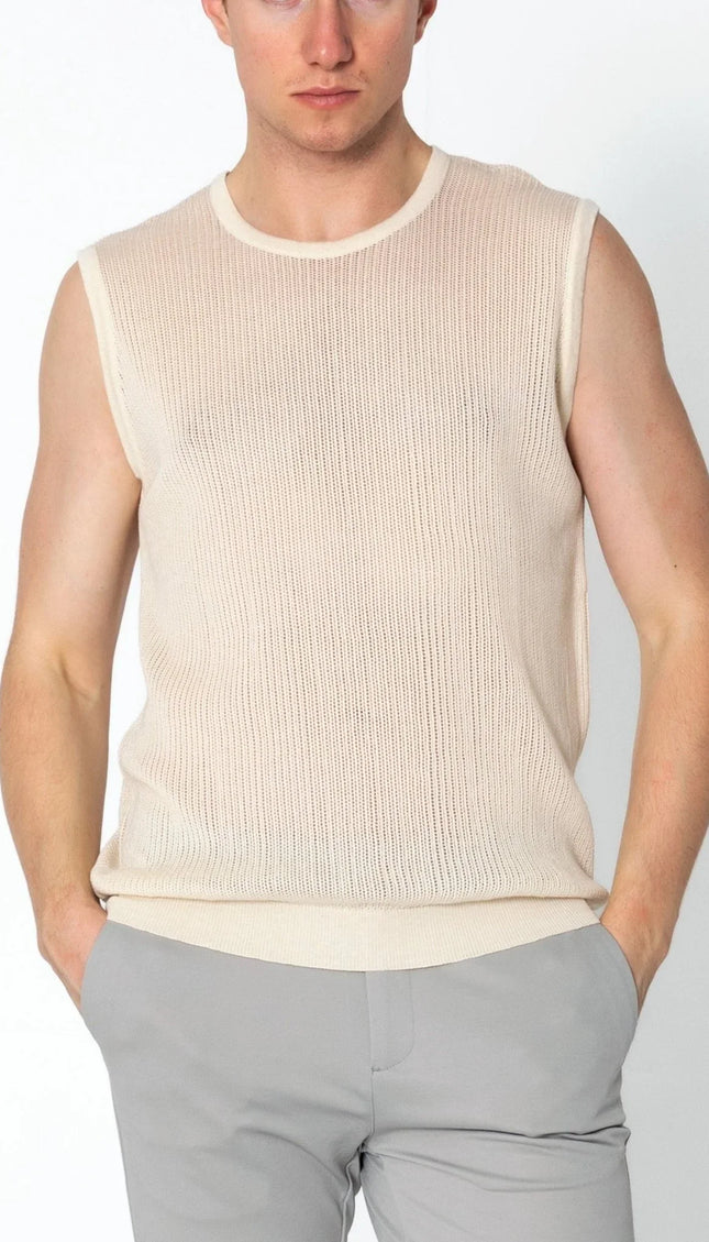 Crew Neck Mesh Tank Top - Beige - Ron Tomson