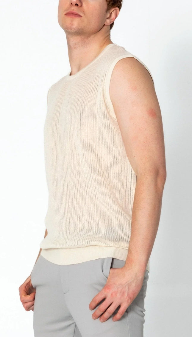 Crew Neck Mesh Tank Top - Beige - Ron Tomson