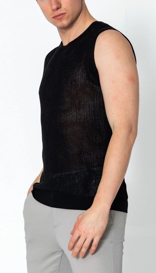 Crew Neck Mesh Tank Top - Black - Ron Tomson