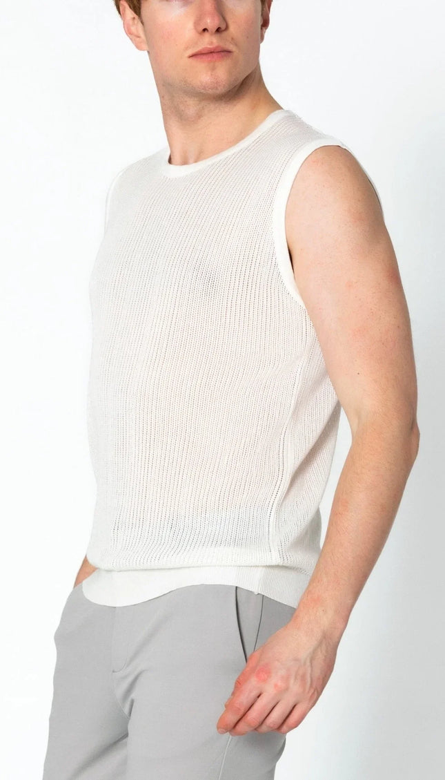 Crew Neck Mesh Tank Top - Off White - Ron Tomson