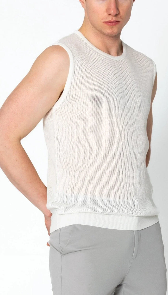 Crew Neck Mesh Tank Top - Off White - Ron Tomson