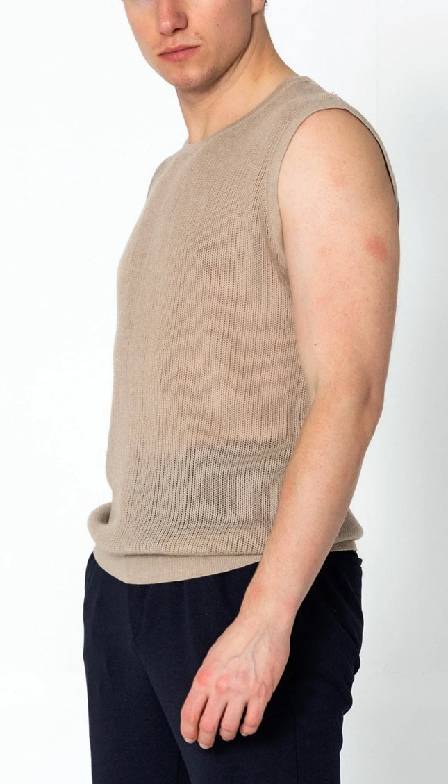 Crew Neck Mesh Tank Top - Stone - Ron Tomson