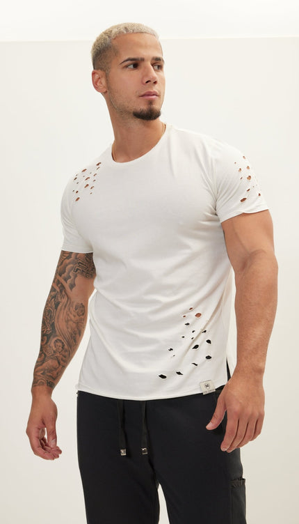 Crew Neck Short Sleeve Ripped T-Shirt - Off White - Ron Tomson