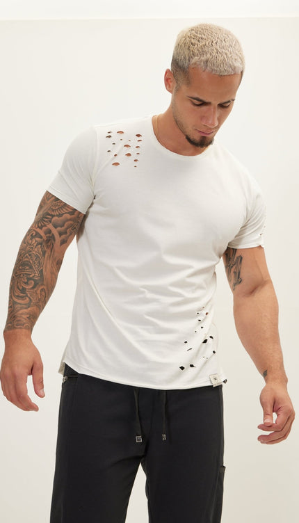 Crew Neck Short Sleeve Ripped T-Shirt - Off White - Ron Tomson