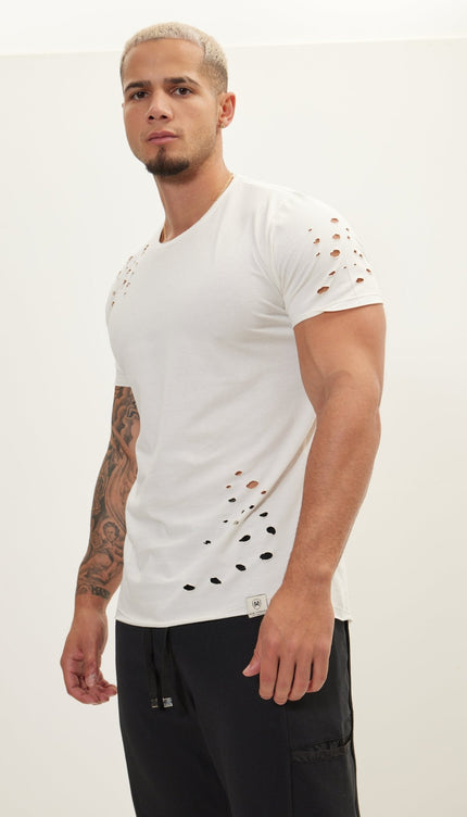 Crew Neck Short Sleeve Ripped T-Shirt - Off White - Ron Tomson