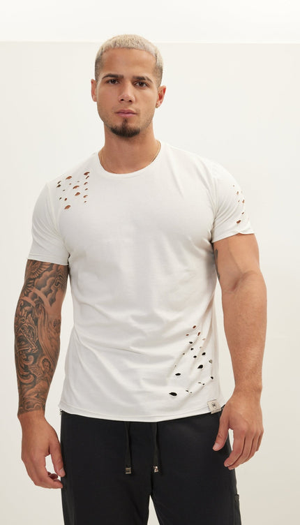 Crew Neck Short Sleeve Ripped T-Shirt - Off White - Ron Tomson