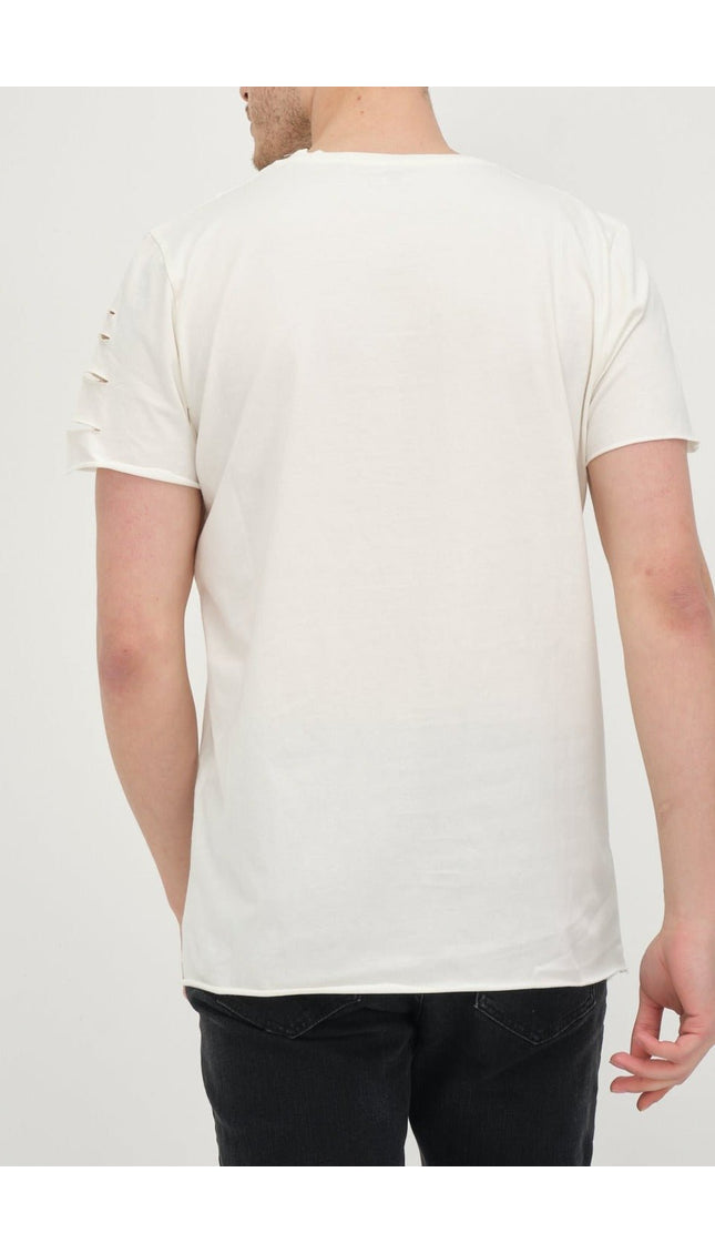 Crew Neck Short Sleeve Ripped T-Shirt -Off White - Ron Tomson