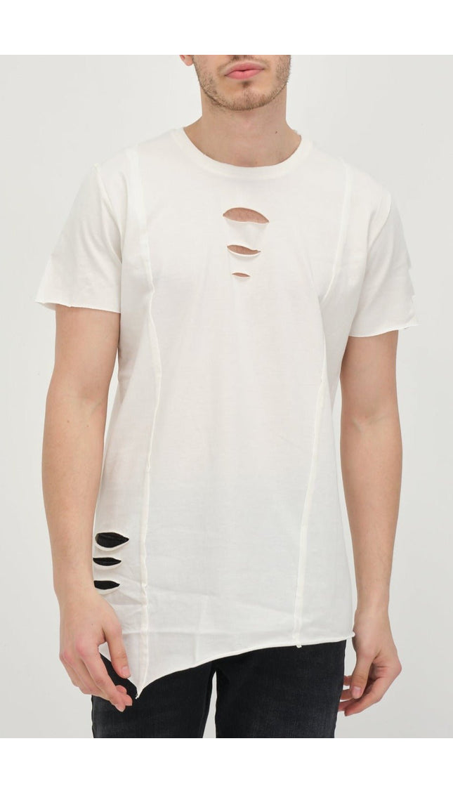 Crew Neck Short Sleeve Ripped T-Shirt -Off White - Ron Tomson