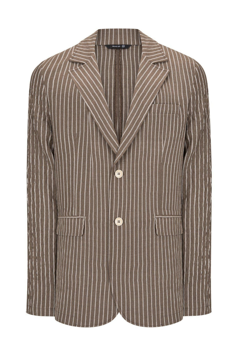 Crinkle Striped Blazer - Khaki - Ron Tomson