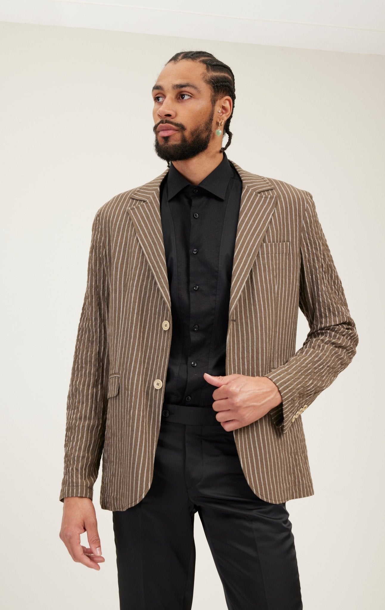 Crinkle Striped Blazer Khaki - Main Image