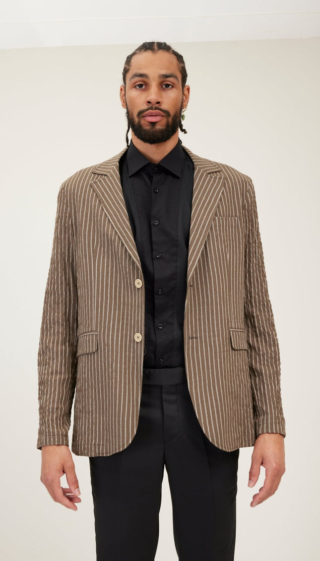 Crinkle Striped Blazer - Khaki - Ron Tomson