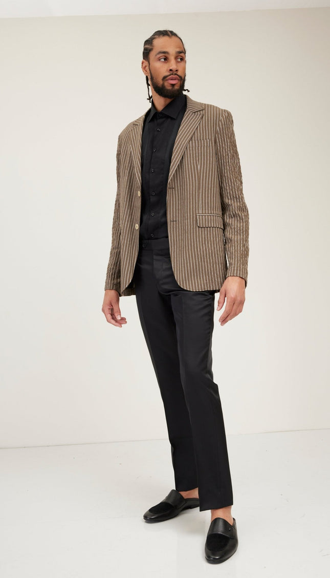 Crinkle Striped Blazer - Khaki - Ron Tomson