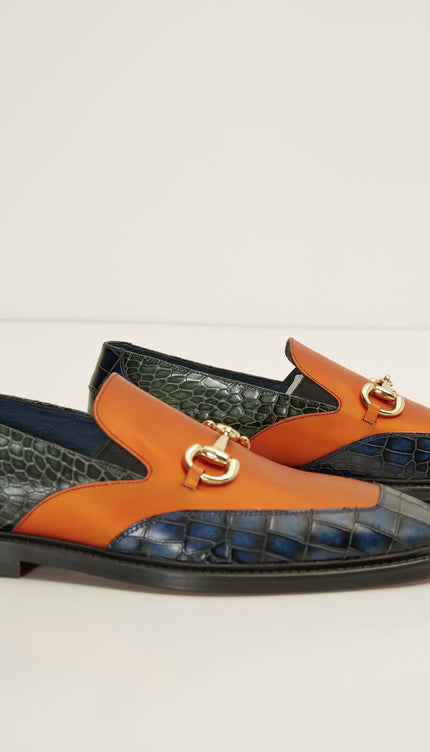 Croc Embossed Leather And Gold Metal Bit Loafer - Navy Orange - Ron Tomson