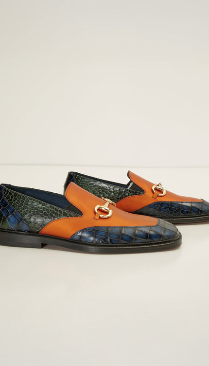 Croc Embossed Leather And Gold Metal Bit Loafer - Navy Orange - Ron Tomson