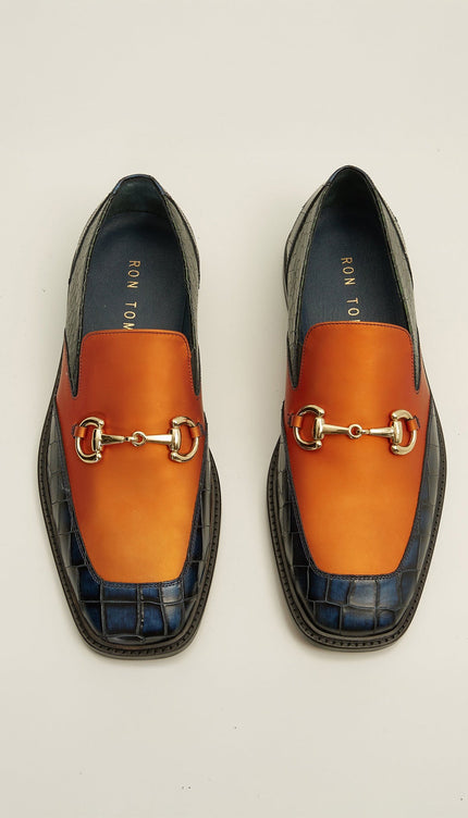 Croc Embossed Leather And Gold Metal Bit Loafer - Navy Orange - Ron Tomson