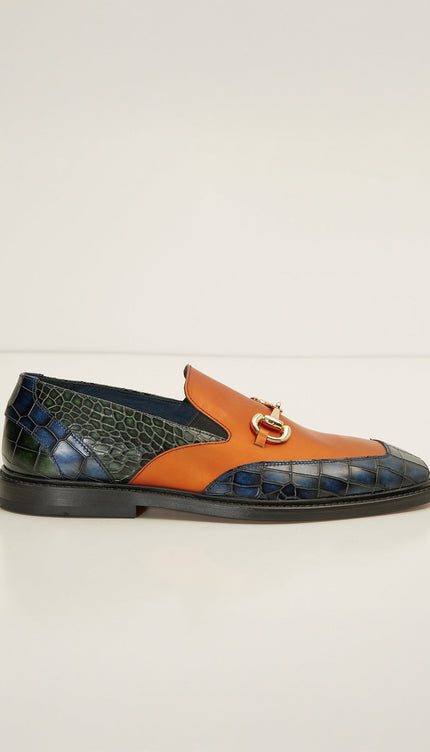 Croc Embossed Leather And Gold Metal Bit Loafer - Navy Orange - Ron Tomson