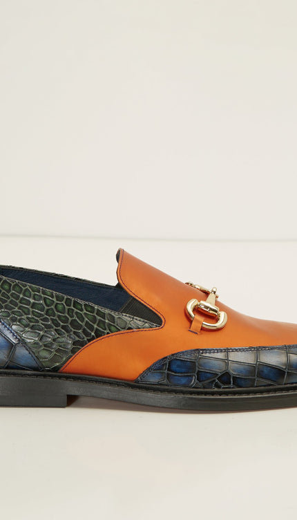 Croc Embossed Leather And Gold Metal Bit Loafer - Navy Orange - Ron Tomson