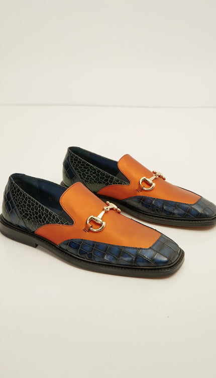 Croc Embossed Leather And Gold Metal Bit Loafer - Navy Orange - Ron Tomson