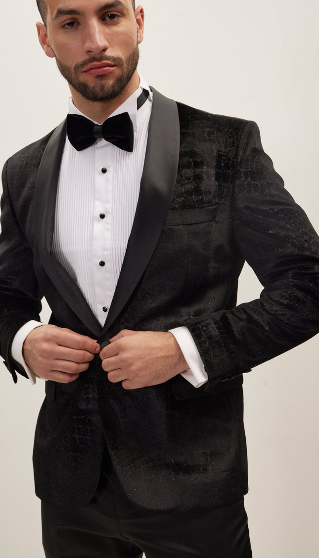 Croc Embossed Shawl Collar Tuxedo Jacket - Black - Ron Tomson