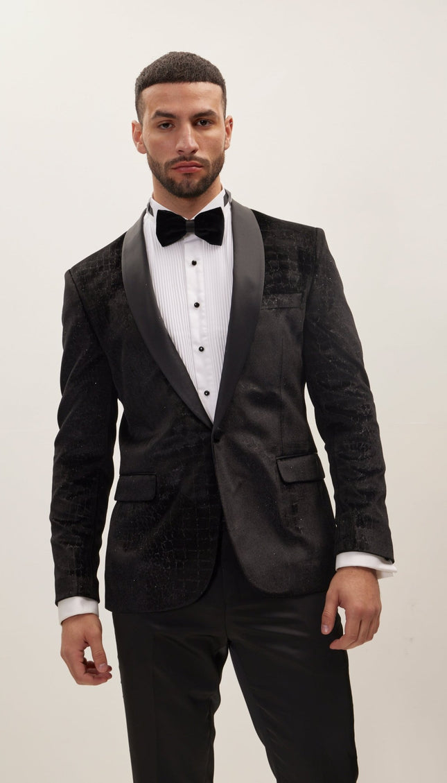 Croc Embossed Shawl Collar Tuxedo Jacket - Black - Ron Tomson