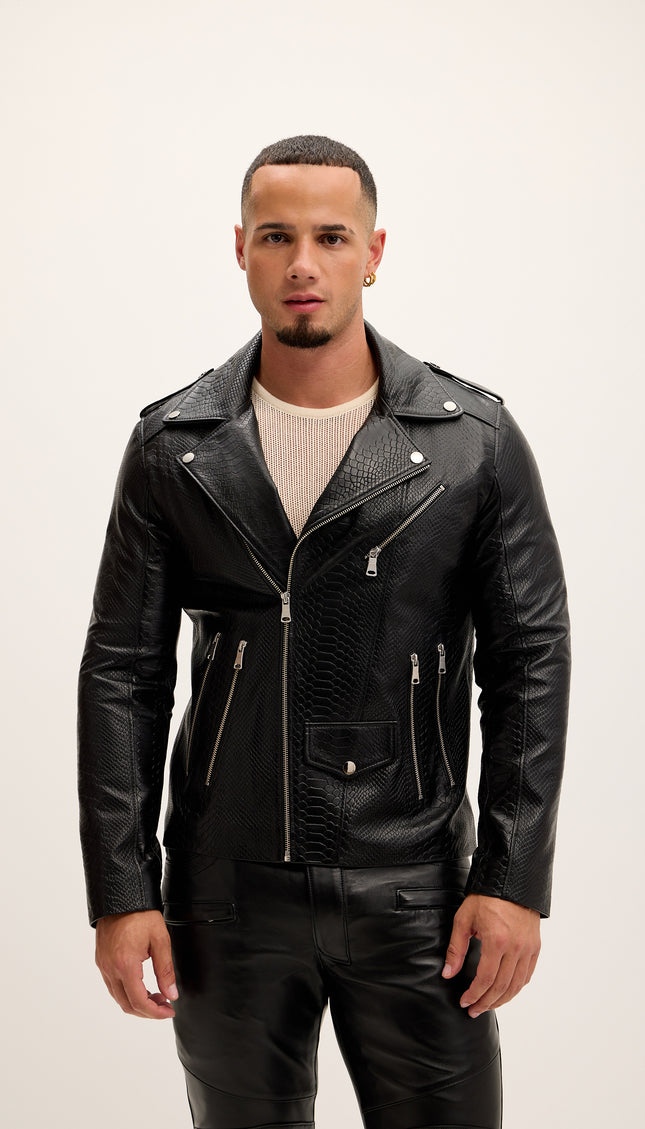 Croc Embossed Zippered Moto Jacket - Black - Ron Tomson