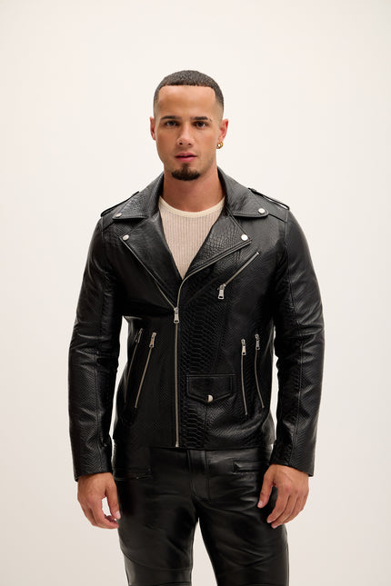 Men's Croc Embossed Zippered Moto Jacket - Black - Leather - Ron Tomson