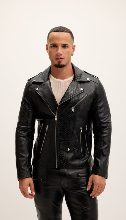 Croc Embossed Zippered Moto Jacket - Black - Ron Tomson