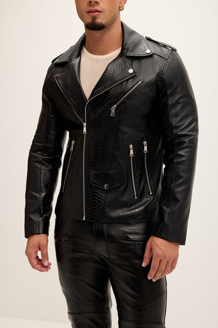 Men's Croc Embossed Zippered Moto Jacket - Black - Ron Tomson Leather