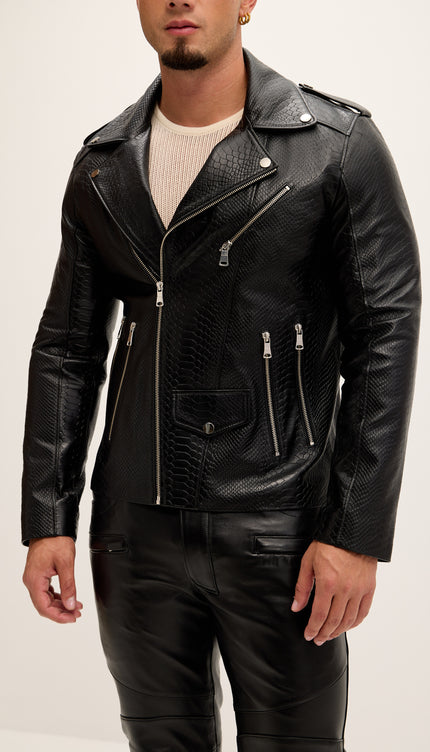 Croc Embossed Zippered Moto Jacket - Black - Ron Tomson