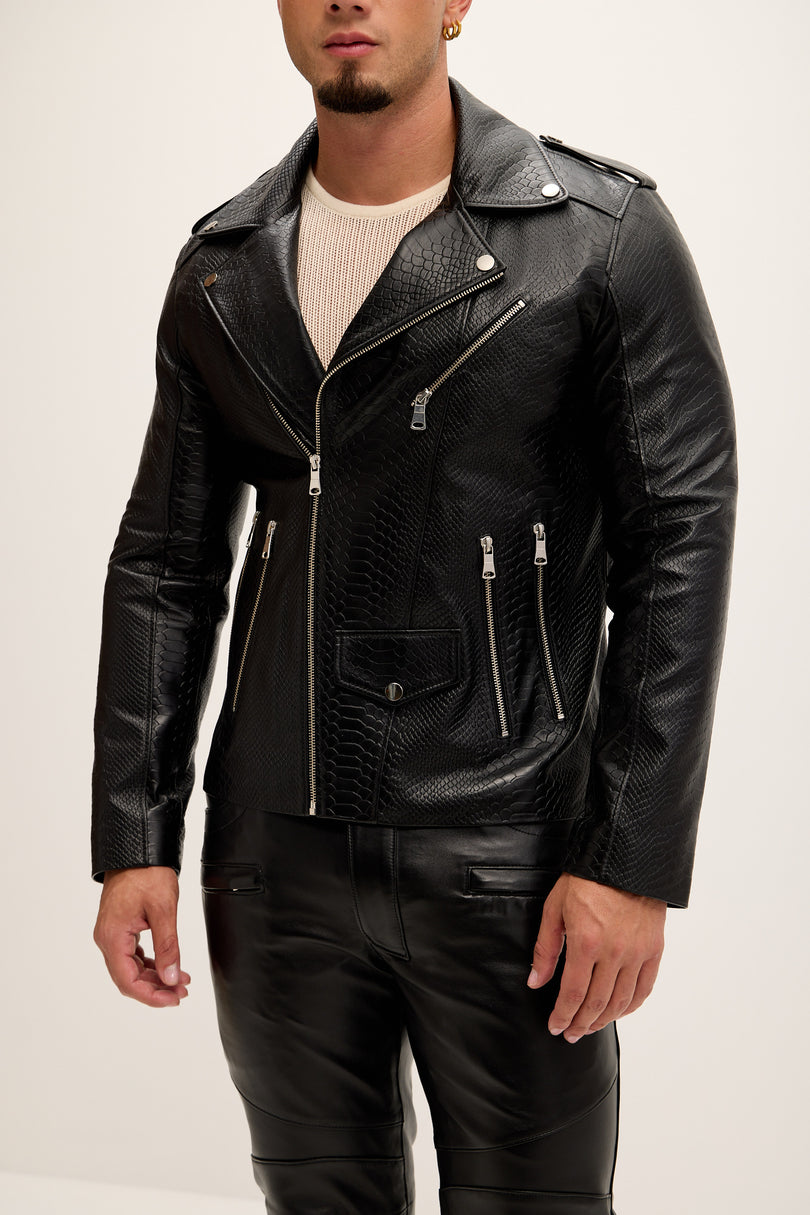 Men's Croc Embossed Zippered Moto Jacket - Black - Ron Tomson Leather