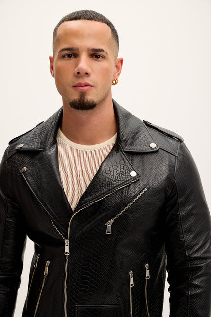 Men's Croc Embossed Zippered Moto Jacket - Black - Ron Tomson Leather