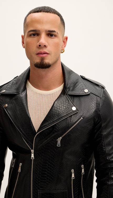 Croc Embossed Zippered Moto Jacket - Black - Ron Tomson