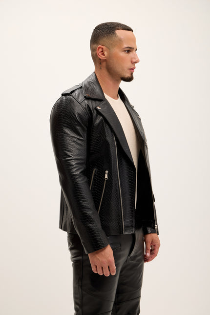 Men's Croc Embossed Zippered Moto Jacket - Black - Ron Tomson Leather