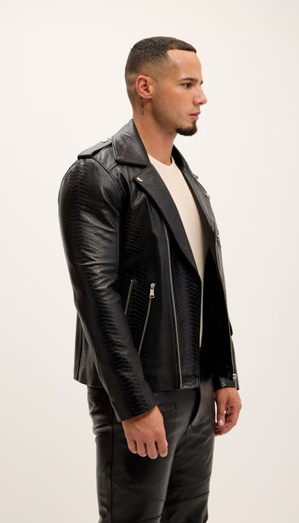 Croc Embossed Zippered Moto Jacket - Black - Ron Tomson