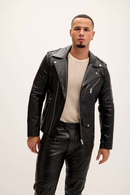 Men's Croc Embossed Zippered Moto Jacket - Black - Ron Tomson Leather