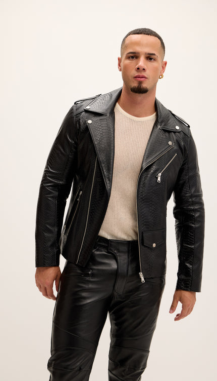 Croc Embossed Zippered Moto Jacket - Black - Ron Tomson
