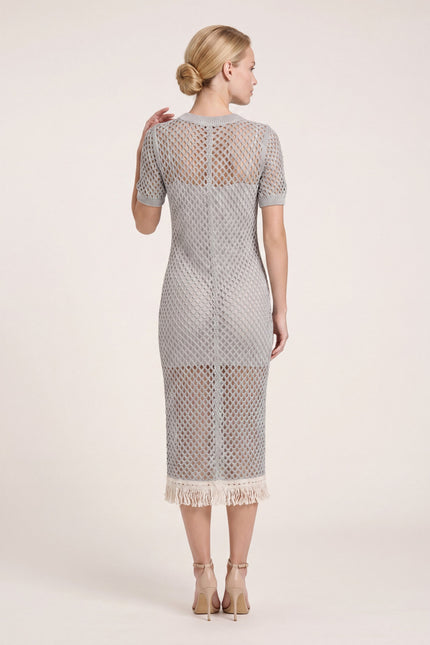 Crochet Cotton Short-Sleeve Dress - Silver Grey - back view