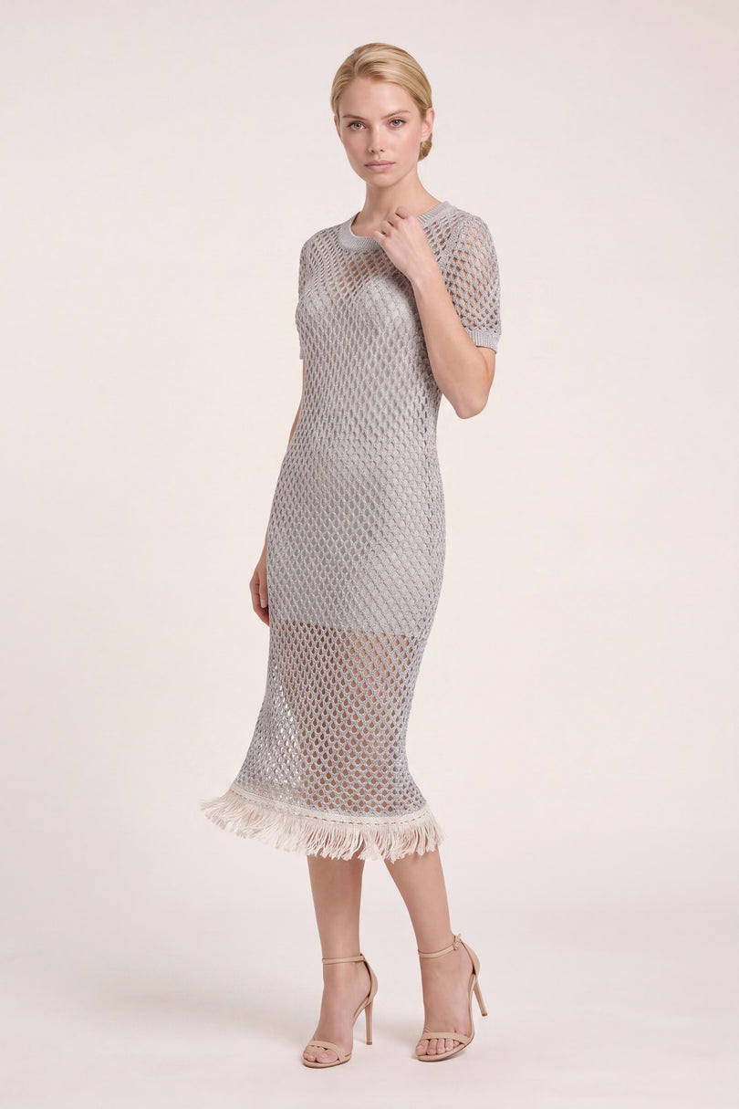 Crochet Cotton Short-Sleeve Dress - Silver Grey - freestyle view