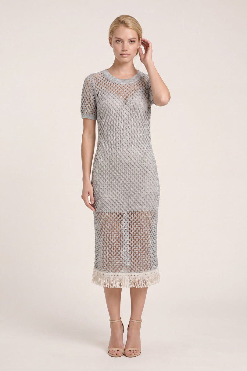 Crochet Cotton Short-Sleeve Dress - Silver Grey - front view