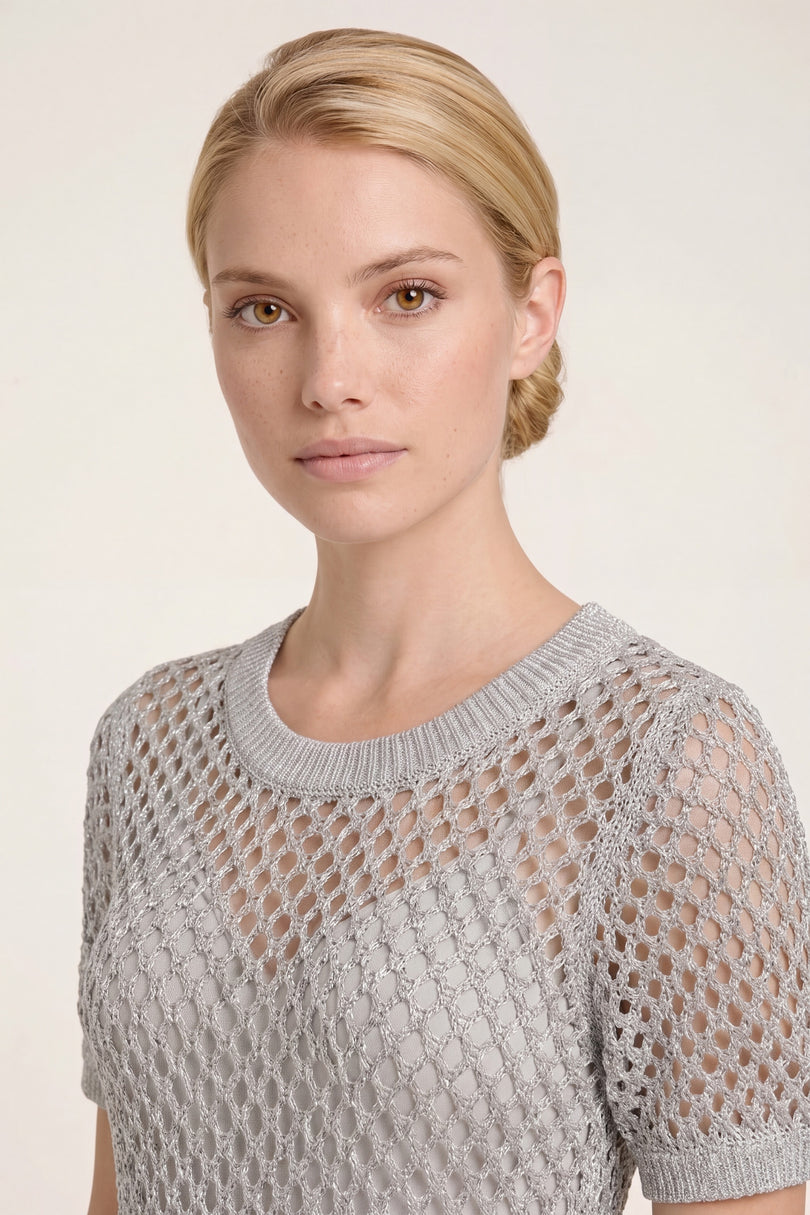 Crochet Cotton Short-Sleeve Dress - Silver Grey - macro view